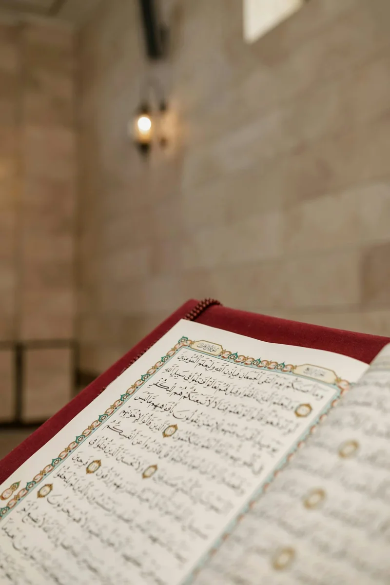 An open Qur’an inside a mosque